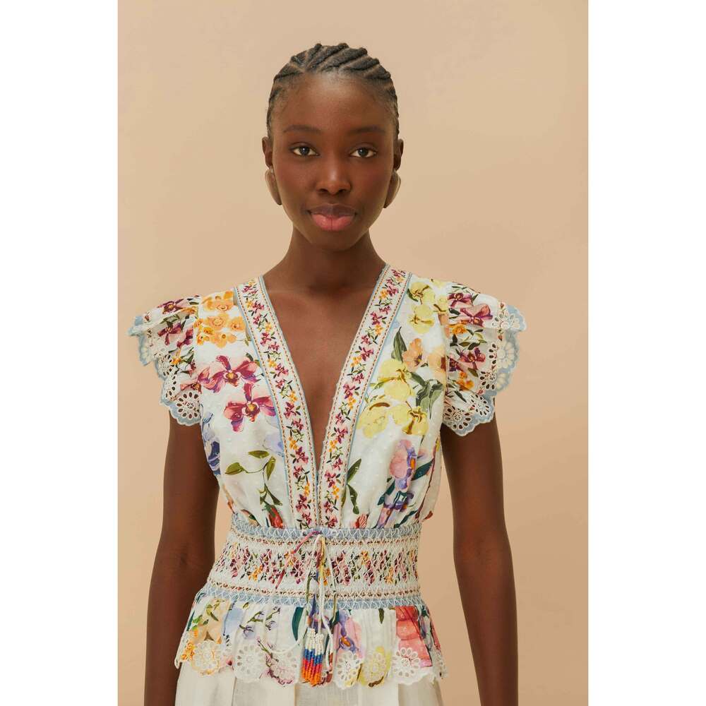 FARM RIO, Off-White Greek Garden Smocked Blouse